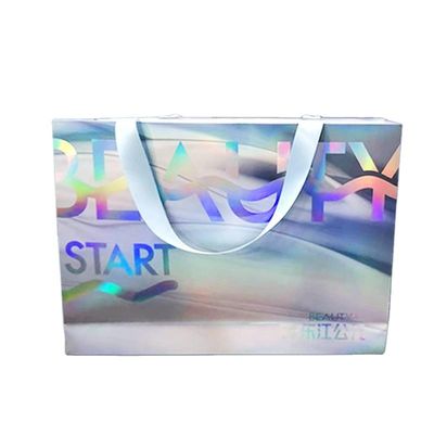 boutique Custom Printed Paper Bags Holographic Shopping Bag With Ribbon Handle