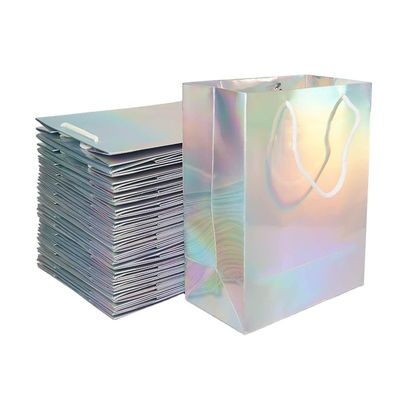 Boutique Custom Printed Paper Bags Holographic Shopping Bag Met Ribbon Handle